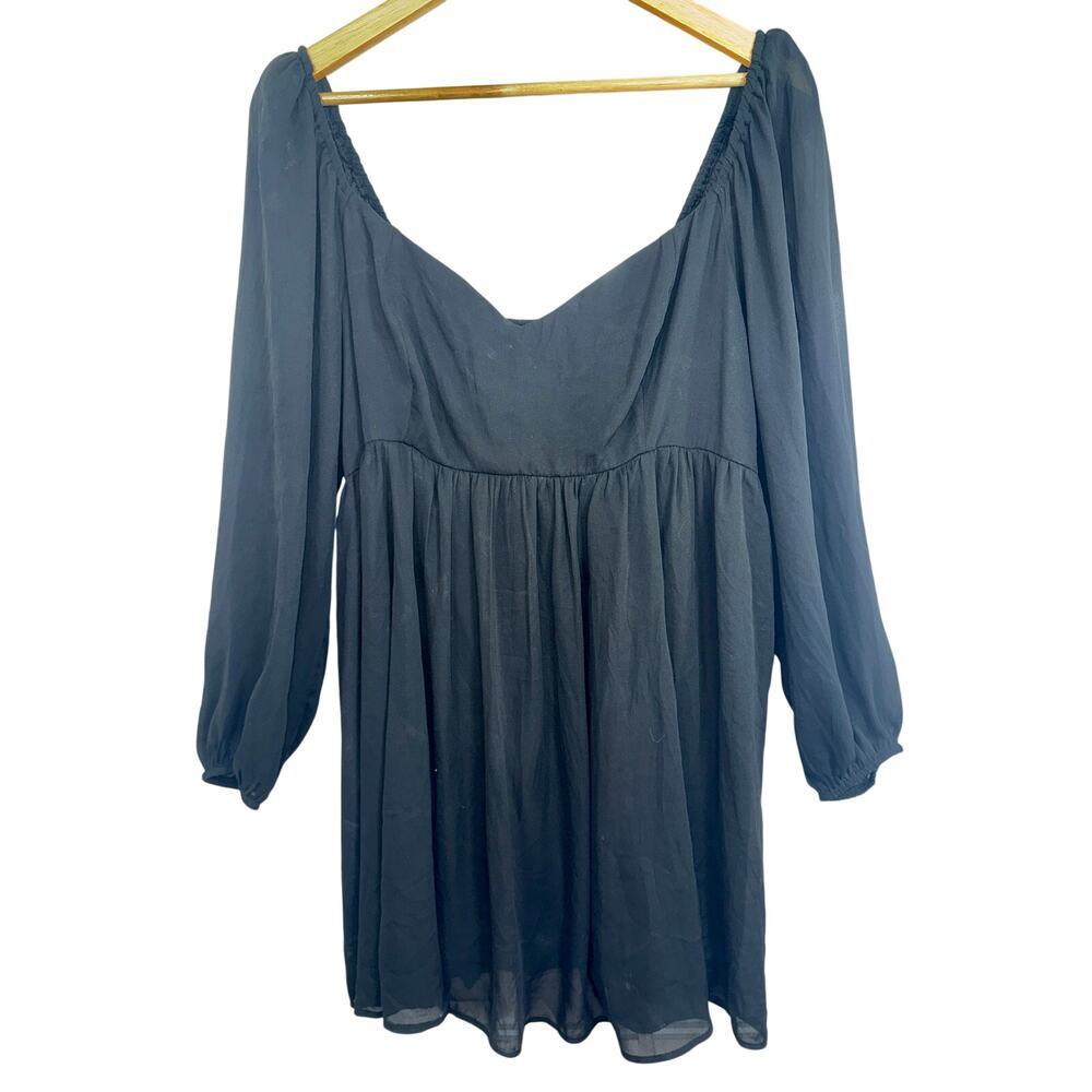 Abercrombie & Fitch Black Babydoll Smocked Long Sleeve Mini Dress Womens Size XL